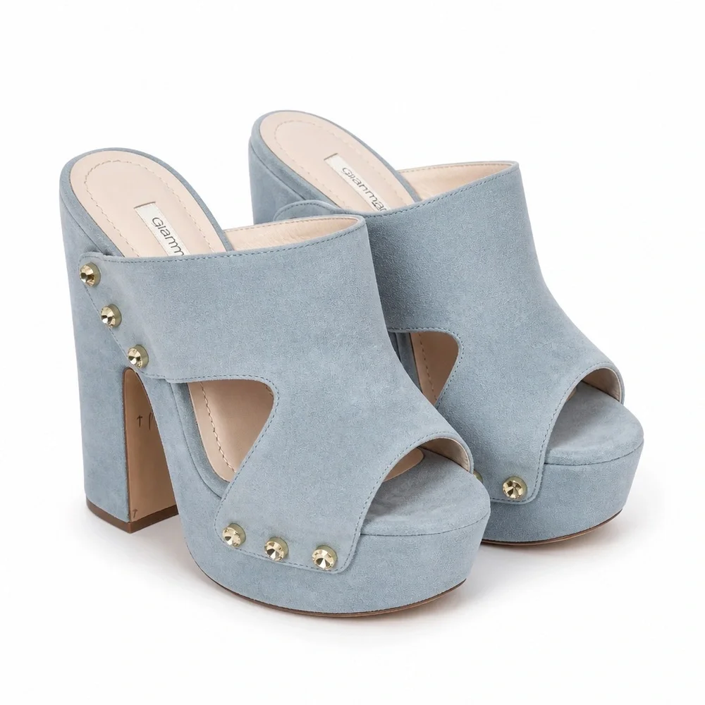 Gianmarco Lorenzi Women’s Powder Blue Suede Studded Platform Comfort Mules